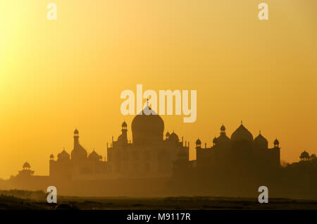 Sunrise view of Taj mahal in Agra, Uttar Pradesh, India. It is one of the most visited landmark in India. Stock Photo