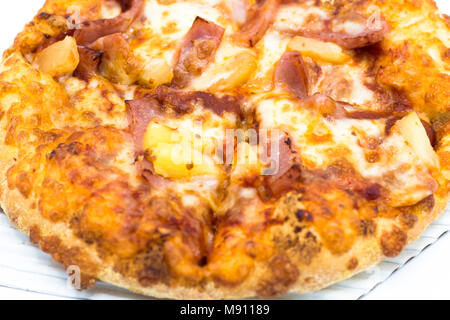 Cost-up  Hawaiian pizza box set isolated on white background. It copy space and selection focus. Stock Photo