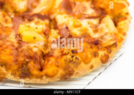 Cost-up  Hawaiian pizza box set isolated on white background. It copy space and selection focus. Stock Photo