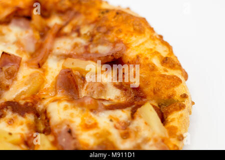 Cost-up  Hawaiian pizza box set isolated on white background. It copy space and selection focus. Stock Photo