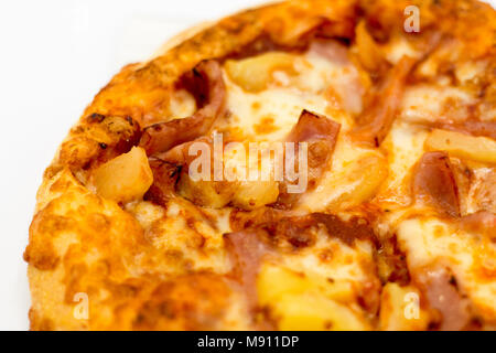 Cost-up  Hawaiian pizza box set isolated on white background. It copy space and selection focus. Stock Photo