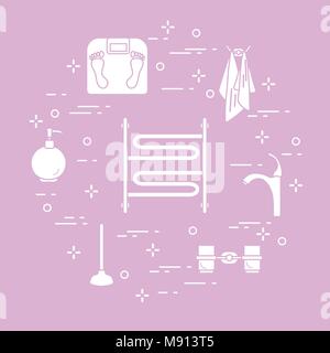 Bathroom elements:  scales, towel warmer, faucet, plunger, glasses, soap dispenser, towels. Design for poster or print. Stock Vector