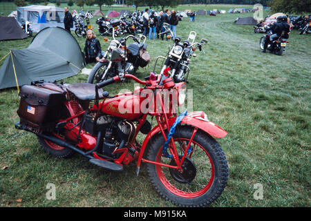 Vintage Indian motorcycle. Scenes from the Harley Davidson rally in the grounds of Littlecote House, Berkshire, England ion 30th September 1989. The rally was hosted by Peter de Savary who owned the house at that time. Archival photograph Stock Photo