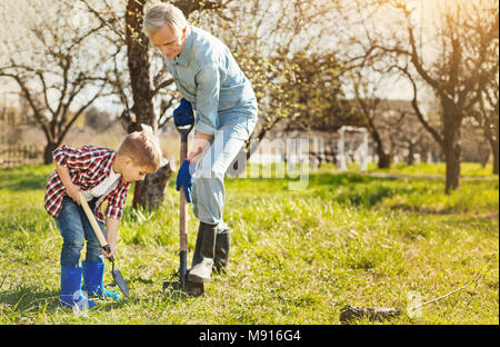 Pleasant aged man digging in the garden with his grandson Stock Photo