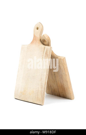Two used wooden cutting boards isolated on white background. Kitchen accessories and equipment Stock Photo
