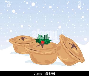 a vector illustration in eps 10 format of three festive mince pies with holly and star decoration on a snowy background Stock Vector