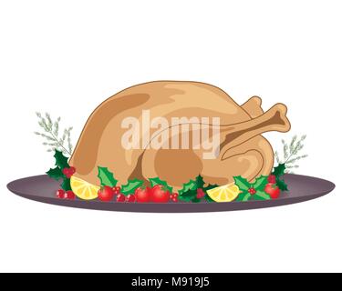 a vector illustration in eps 10 format of a cooked and dressed Christmas turkey with holly decoration and gray plate on a white background Stock Vector