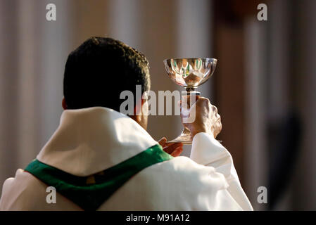 Saint-Jacques church.  Sunday morning catholic mass.   Priest. Celebration of the Eucharist. Sallanches. France. Stock Photo