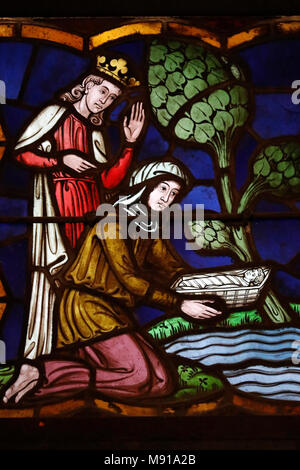 Saint-Pierre-le-Jeune Protestant Church. The Finding of Moses.  Stained glass window.  Strasbourg. France. Stock Photo