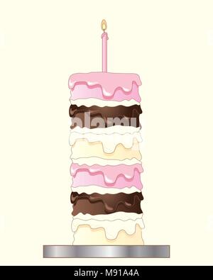 a vector illustration in eps 10 format of a layered party cake with vanilla chocolate and strawberry flavored frosting on a silver cake board Stock Vector
