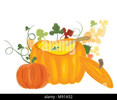 a vector illustration in eps format of savory soup in a bowl made from a pumpkin with lid and foliage in a white background Stock Vector