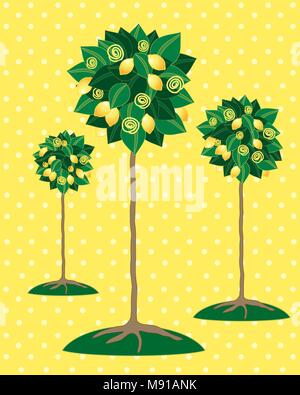 a vector illustration in eps 10 format of stylized lemon trees with fruit and foliage on a yellow spotty background Stock Vector