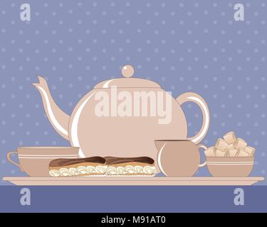 a vector illustration in eps 10 format of an afternoon tea tray with teapot milk jug sugar bowl cup and two chocolate eclairs on a blue tablecloth Stock Vector