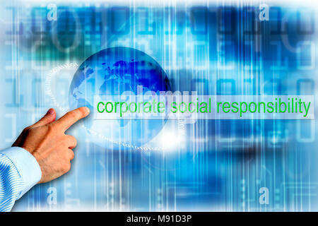 hand touching a technology world globe, corporate social responsibility concept Stock Photo
