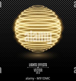 Abstract glowing 3d sphere from golden neon lines on a transparent background. Light effect. Luminous graphic element. Vector illustration. EPS 10 Stock Vector