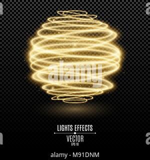 Abstract glowing 3d sphere from golden neon lines on a transparent background. Flying Luminous Magic Dust. Light effect. Luminous luxurious graphic el Stock Vector