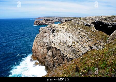 View along the rugged coastline with ocean views, Cape St Vincent, Algarve, Portugal, Europe. Stock Photo