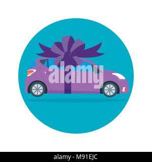 Poster with red machine and ribbon. Car gift concept or presentation of  auto for sale, rent,. Flat vector illustration. Stock Vector