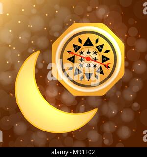 Ramadan Kareem. Concept of a Islamic holiday. Moon and compass. On a brown background with blur Stock Vector
