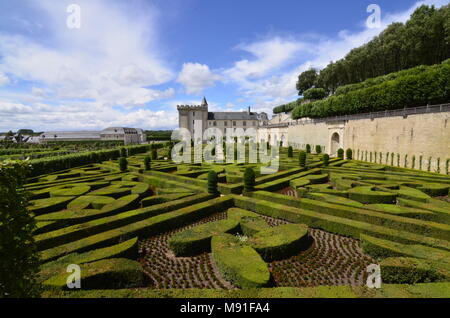 Villandry, Loire valley, France June 2017. View of the castle from the park with its large fountain, highlighting the pleasant geometry of the gardens. Stock Photo