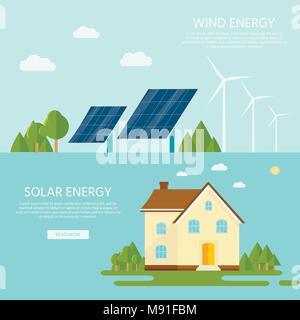 Green modern house with solar panels and wind turbine. Eco friendly alternative energy. Ecosystem infographics. Flat vector illustration. Stock Vector