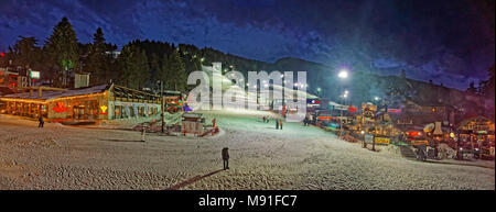 Night skiing panorama at Borovets Ski resort, near Samokov, Targovishte, Bulgaria.