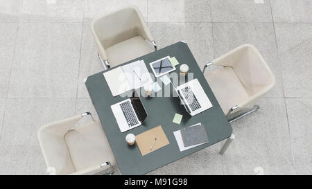 high angle view of table and chairs set up for business meeting. Stock Photo