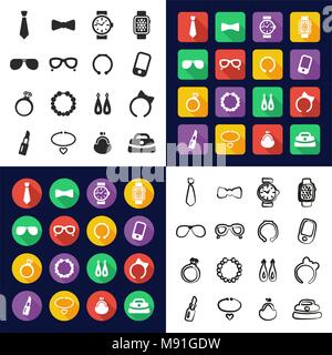 Accessories All in One Icons Black & White Color Flat Design Freehand Set Stock Vector