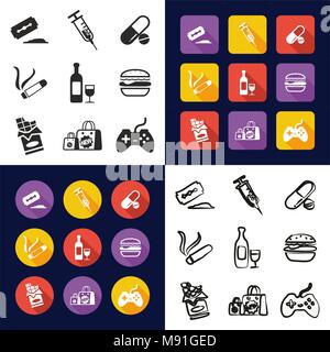 Addiction All in One Icons Black & White Color Flat Design Freehand Set Stock Vector