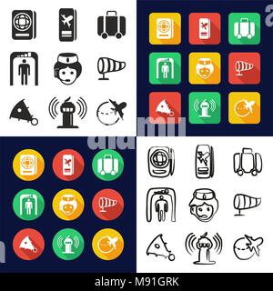 Airport All in One Icons Black & White Color Flat Design Freehand Set Stock Vector