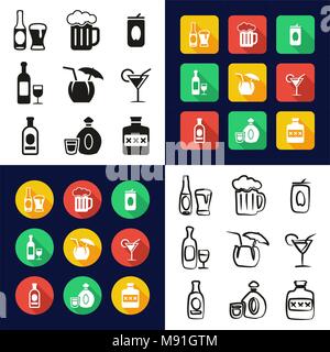 Alcohol All in One Icons Black & White Color Flat Design Freehand Set Stock Vector