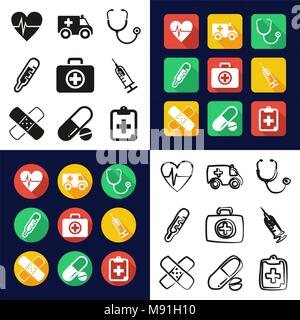 Ambulance All in One Icons Black & White Color Flat Design Freehand Set Stock Vector