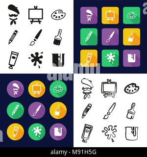 Artist All in One Icons Black & White Color Flat Design Freehand Set Stock Vector