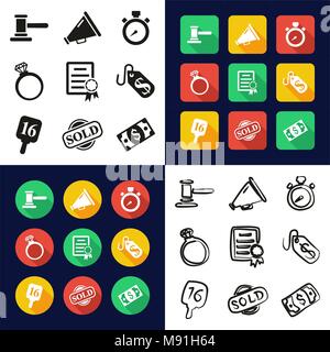 Auction All in One Icons Black & White Color Flat Design Freehand Set Stock Vector