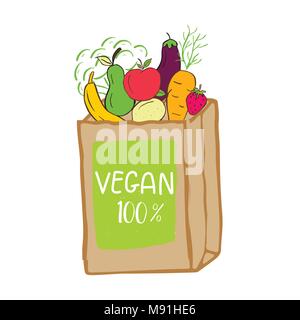 Vector eco badge or tag, bio green logo. Vegan sign for cafe, restaurants, products packaging. Hand drawn shopping bag, leaves with lettering. Organic Stock Vector