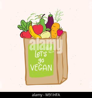 Vector eco badge or tag, bio green logo. Vegan sign for cafe, restaurants, products packaging. Hand drawn shopping bag, leaves with lettering. Organic Stock Vector
