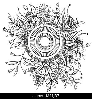 Floral mandala pattern in black and white. Adult coloring book page with flowers and mandalas. Oriental pattern, vintage decorative elements. Stock Vector