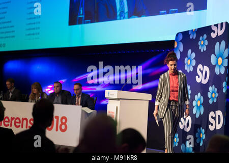 Stockholm, Sweden, March 17, 2018. Sweden Democrats (SD) Election Conference 2018. Louise Erixon, Group Leader Solvesborg. Stock Photo