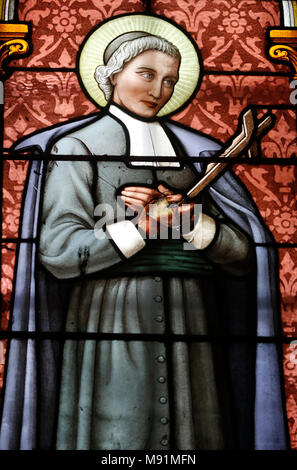 Saint Joseph Cathedral (Nha Tho Lon). Stained glass window. John Baptist de la Salle.  Hanoi. Vietnam. Stock Photo