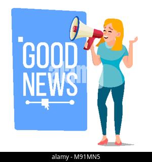 Businessman Announce Concept Vector. Banner Design. Woman With Loudspeaker. Announcement Poster. Promotion Speech. Business Marketing Illustration Stock Vector
