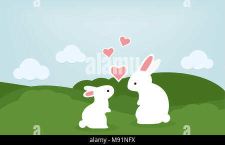 Mom and baby rabbit in green forest. Stock Photo