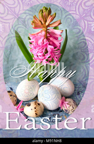 Happy Easter holiday card with pink hyacinth and easter eggs. Colorful easter background. Stock Photo