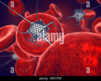 Nanorobots and blood cells , Nanotechnology and Bioengineering Stock Photo