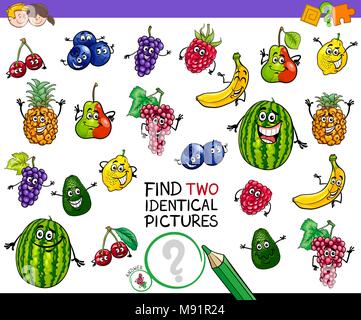 Cartoon Illustration of Finding Two Identical Pictures Educational Game for Children with Fruit Characters Stock Vector