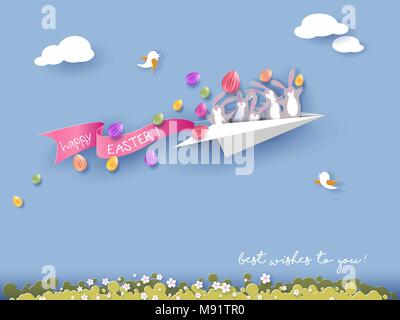 Happy easter background with papercut eggs. Vector flat design poster
