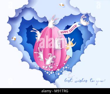 Happy Easter card with bunny, girl and egg Stock Vector