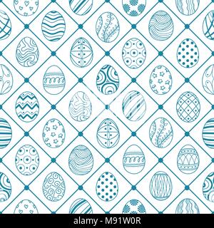 Cute Easter eggs in blue outline with blue square on white background. Cute hand drawn seamless pattern design for Easter festival in vector illustrat Stock Vector