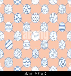 Cute Easter eggs in blue outline and white plane are at junctions on pastel pink background. Cute hand drawn seamless pattern design for Easter festiv Stock Vector
