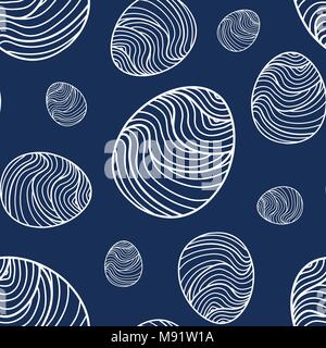 Easter eggs in white outline random on blue background. Cute hand drawn seamless pattern design for Easter festival in vector illustration. Stock Vector