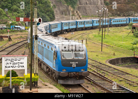 A class S12 MCG 928 diesel multiple-unit (DMU) train pulling in to Nanu Oya railway station, Sri Lanka. Stock Photo